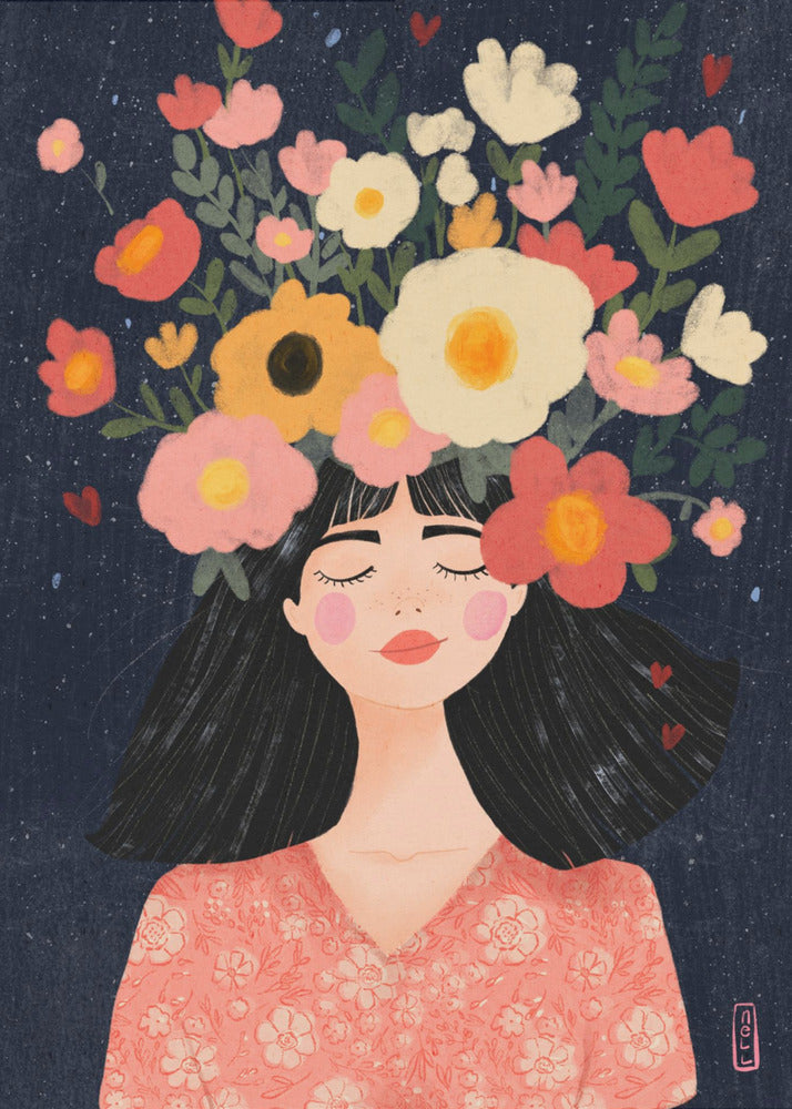 A stylized illustration of a woman with closed eyes and a peaceful smile. Her long black hair is topped with a vibrant crown of flowers in shades of pink, red, yellow, and white against a dark blue, starry background. Wall Art