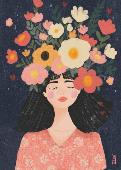 A stylized illustration of a woman with closed eyes and a peaceful smile. Her long black hair is topped with a vibrant crown of flowers in shades of pink, red, yellow, and white against a dark blue, starry background. Wall Art