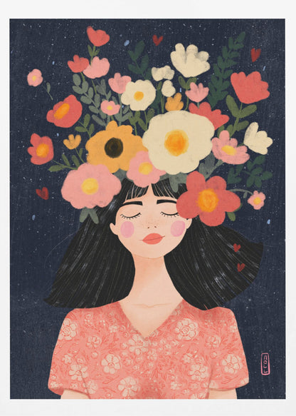 A stylized illustration of a woman with closed eyes and a peaceful smile. Her long black hair is topped with a vibrant crown of flowers in shades of pink, red, yellow, and white against a dark blue, starry background. Wall Art