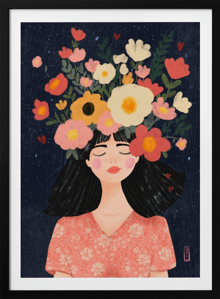 A stylized illustration of a woman with closed eyes and a peaceful smile. Her long black hair is topped with a vibrant crown of flowers in shades of pink, red, yellow, and white against a dark blue, starry background. Wall Art