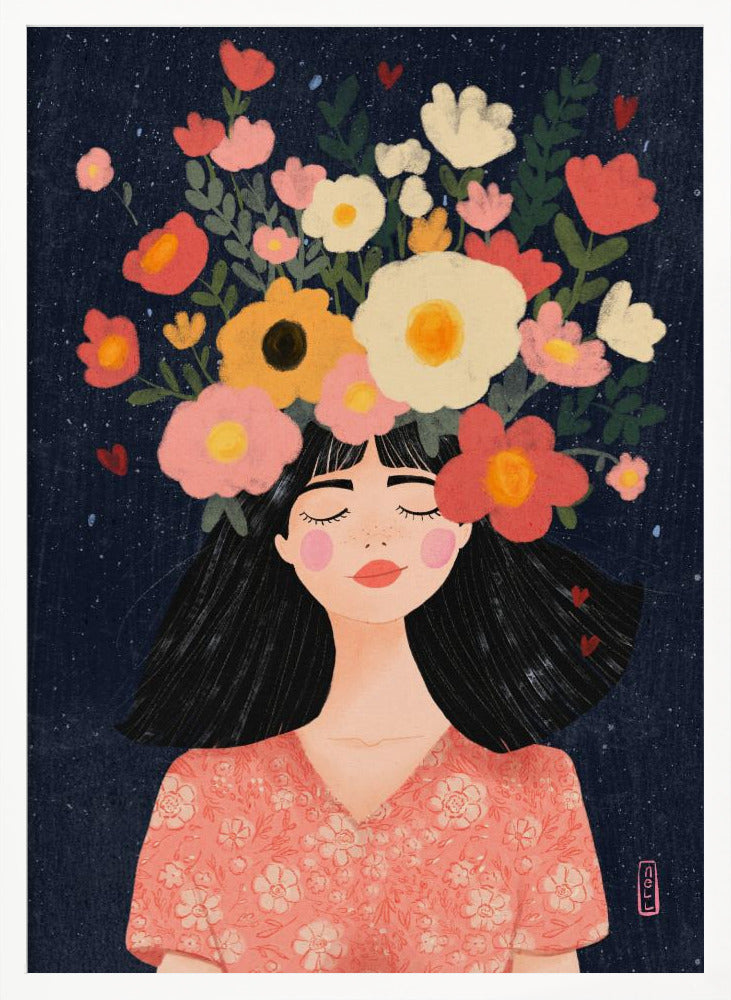 A stylized illustration of a woman with closed eyes and a peaceful smile. Her long black hair is topped with a vibrant crown of flowers in shades of pink, red, yellow, and white against a dark blue, starry background. Wall Art