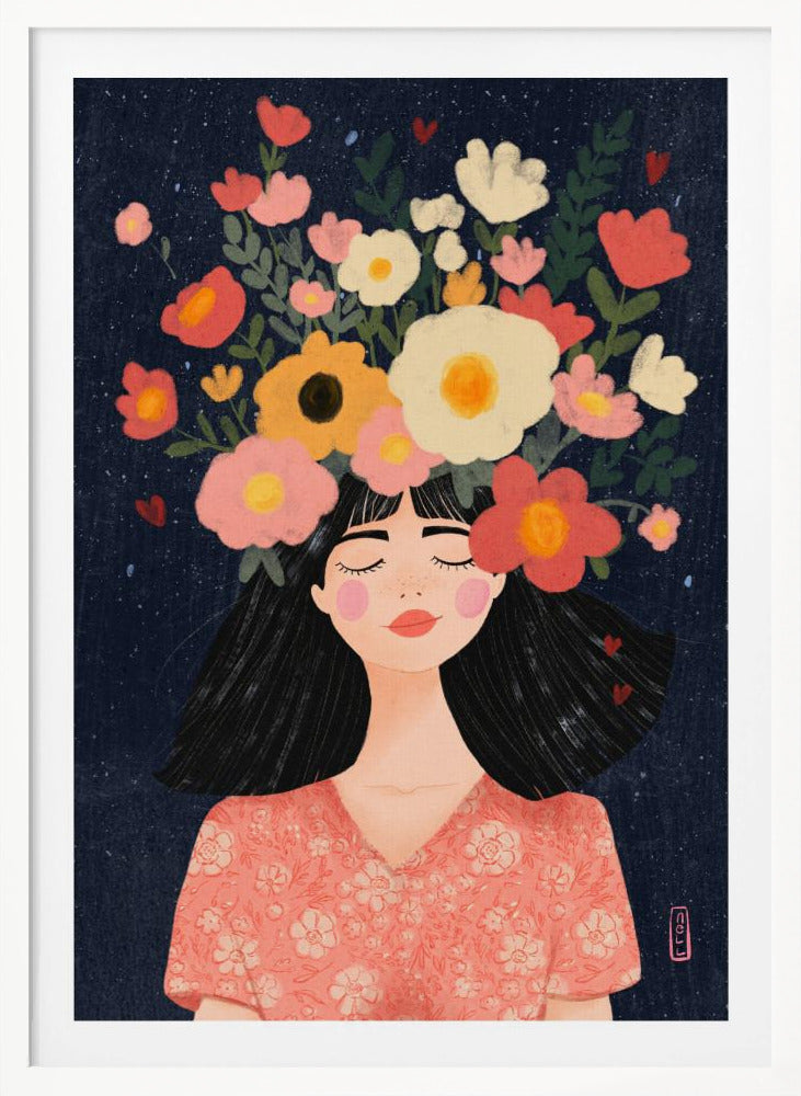 A stylized illustration of a woman with closed eyes and a peaceful smile. Her long black hair is topped with a vibrant crown of flowers in shades of pink, red, yellow, and white against a dark blue, starry background. Wall Art