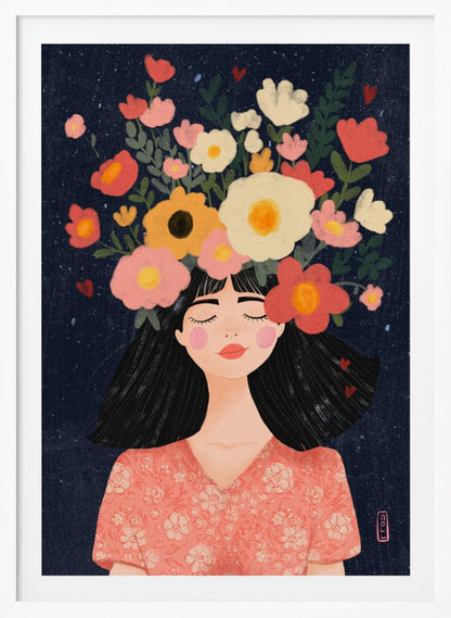 A stylized illustration of a woman with closed eyes and a peaceful smile. Her long black hair is topped with a vibrant crown of flowers in shades of pink, red, yellow, and white against a dark blue, starry background. Wall Art