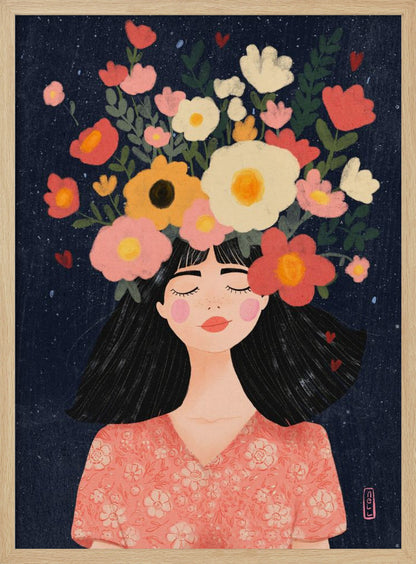 A stylized illustration of a woman with closed eyes and a peaceful smile. Her long black hair is topped with a vibrant crown of flowers in shades of pink, red, yellow, and white against a dark blue, starry background. Wall Art