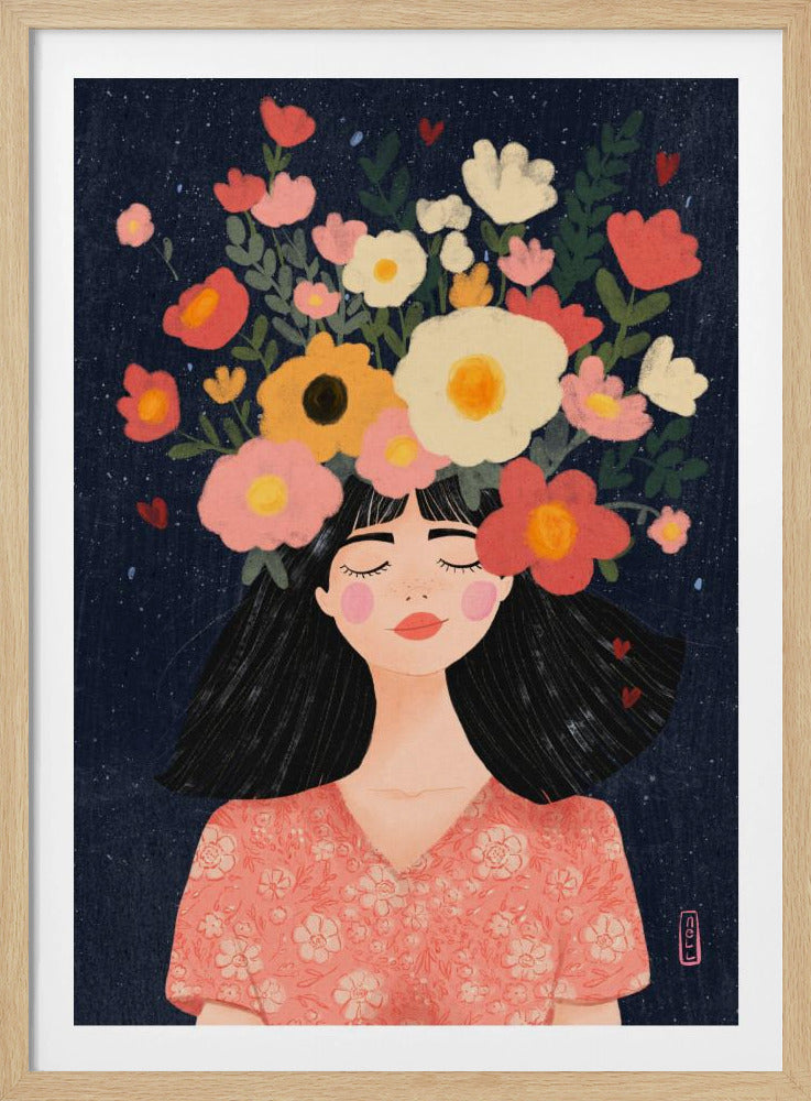 A stylized illustration of a woman with closed eyes and a peaceful smile. Her long black hair is topped with a vibrant crown of flowers in shades of pink, red, yellow, and white against a dark blue, starry background. Wall Art
