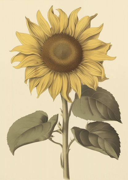 A vintage botanical illustration of a single large sunflower in a black frame. The flower has bright yellow petals, a detailed brown center, and is attached to a thick green stem with large leaves, all set against a cream background. Decor
