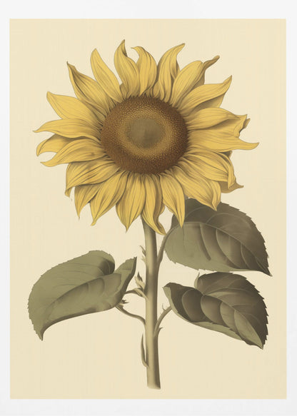 A vintage botanical illustration of a single large sunflower in a black frame. The flower has bright yellow petals, a detailed brown center, and is attached to a thick green stem with large leaves, all set against a cream background. Decor