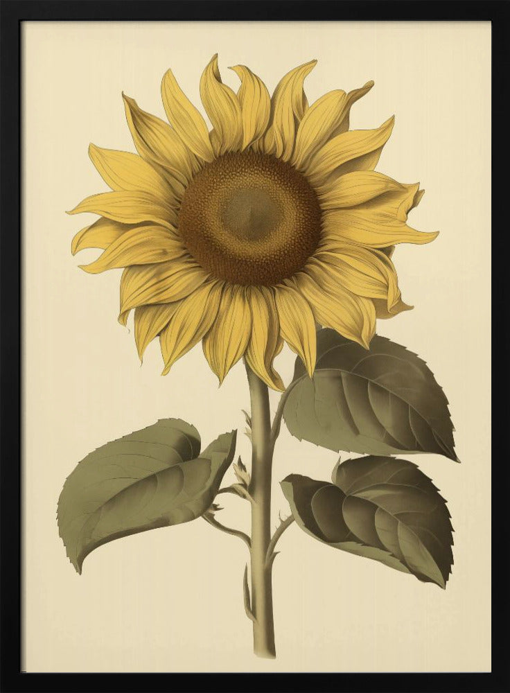 A vintage botanical illustration of a single large sunflower in a black frame. The flower has bright yellow petals, a detailed brown center, and is attached to a thick green stem with large leaves, all set against a cream background. Decor