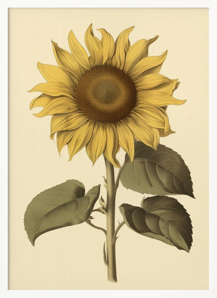 A vintage botanical illustration of a single large sunflower in a black frame. The flower has bright yellow petals, a detailed brown center, and is attached to a thick green stem with large leaves, all set against a cream background. Decor