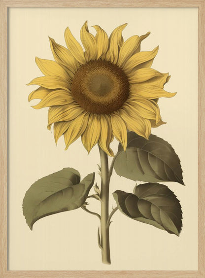 A vintage botanical illustration of a single large sunflower in a black frame. The flower has bright yellow petals, a detailed brown center, and is attached to a thick green stem with large leaves, all set against a cream background. Decor