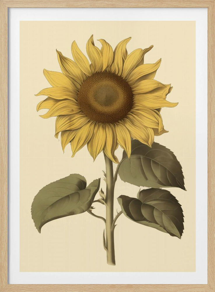 A vintage botanical illustration of a single large sunflower in a black frame. The flower has bright yellow petals, a detailed brown center, and is attached to a thick green stem with large leaves, all set against a cream background. Decor