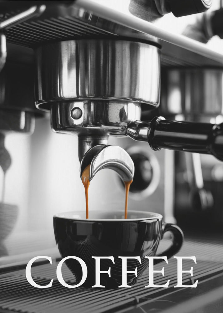 A selective color, black and white close-up photograph of an espresso machine pouring two streams of rich brown espresso into a black coffee cup. The word 'COFFEE' is overlaid in large white capital letters at the bottom of the image. Poster