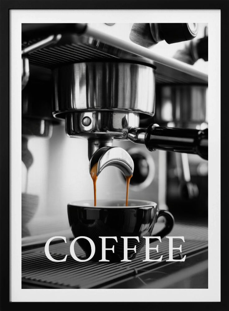A selective color, black and white close-up photograph of an espresso machine pouring two streams of rich brown espresso into a black coffee cup. The word 'COFFEE' is overlaid in large white capital letters at the bottom of the image. Poster