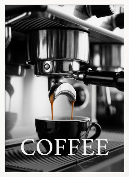 A selective color, black and white close-up photograph of an espresso machine pouring two streams of rich brown espresso into a black coffee cup. The word 'COFFEE' is overlaid in large white capital letters at the bottom of the image. Poster
