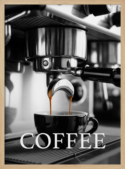 A selective color, black and white close-up photograph of an espresso machine pouring two streams of rich brown espresso into a black coffee cup. The word 'COFFEE' is overlaid in large white capital letters at the bottom of the image. Poster