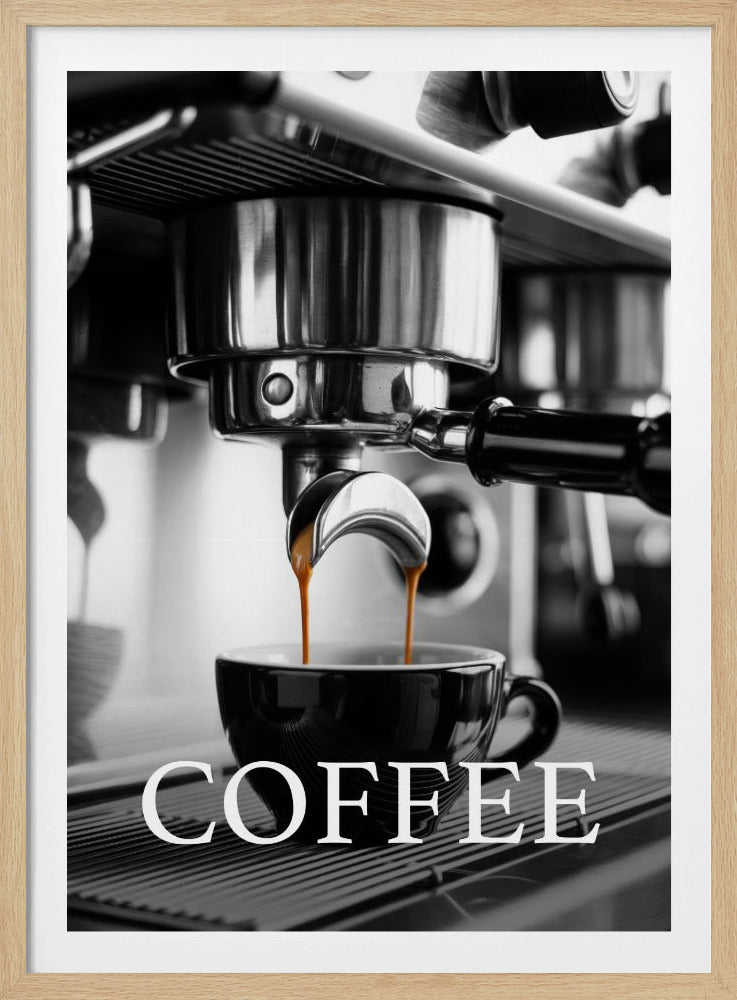 A selective color, black and white close-up photograph of an espresso machine pouring two streams of rich brown espresso into a black coffee cup. The word 'COFFEE' is overlaid in large white capital letters at the bottom of the image. Poster