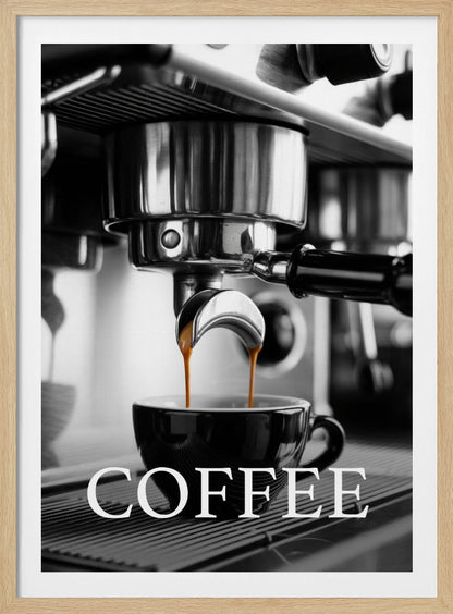 A selective color, black and white close-up photograph of an espresso machine pouring two streams of rich brown espresso into a black coffee cup. The word 'COFFEE' is overlaid in large white capital letters at the bottom of the image. Poster
