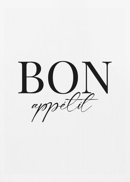An art print titled 'Bon Appetit No 1', featuring text or imagery related to food and dining. Decor
