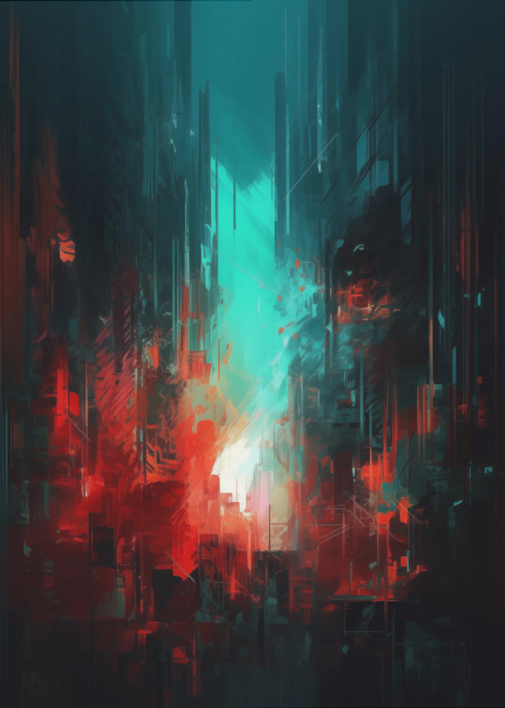 An abstract digital painting of a futuristic city. Tall, dark vertical shapes resembling skyscrapers are contrasted by a glowing teal light in the center and vibrant, chaotic red brushstrokes in the foreground, creating a moody and dramatic urban scene. Print