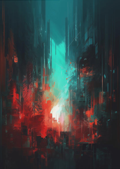 An abstract digital painting of a futuristic city. Tall, dark vertical shapes resembling skyscrapers are contrasted by a glowing teal light in the center and vibrant, chaotic red brushstrokes in the foreground, creating a moody and dramatic urban scene. Print