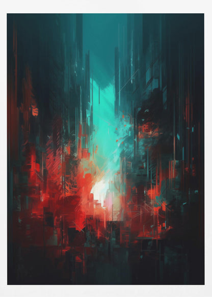An abstract digital painting of a futuristic city. Tall, dark vertical shapes resembling skyscrapers are contrasted by a glowing teal light in the center and vibrant, chaotic red brushstrokes in the foreground, creating a moody and dramatic urban scene. Print