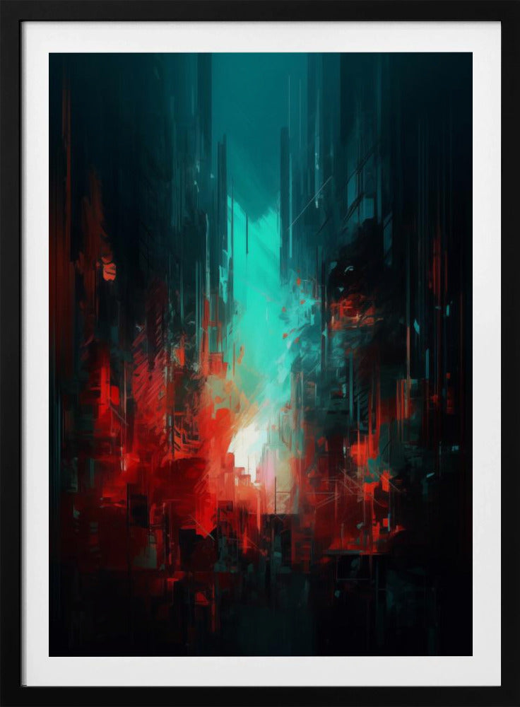 An abstract digital painting of a futuristic city. Tall, dark vertical shapes resembling skyscrapers are contrasted by a glowing teal light in the center and vibrant, chaotic red brushstrokes in the foreground, creating a moody and dramatic urban scene. Print