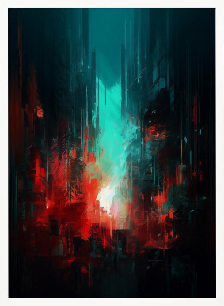 An abstract digital painting of a futuristic city. Tall, dark vertical shapes resembling skyscrapers are contrasted by a glowing teal light in the center and vibrant, chaotic red brushstrokes in the foreground, creating a moody and dramatic urban scene. Print