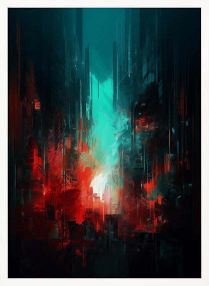 An abstract digital painting of a futuristic city. Tall, dark vertical shapes resembling skyscrapers are contrasted by a glowing teal light in the center and vibrant, chaotic red brushstrokes in the foreground, creating a moody and dramatic urban scene. Print