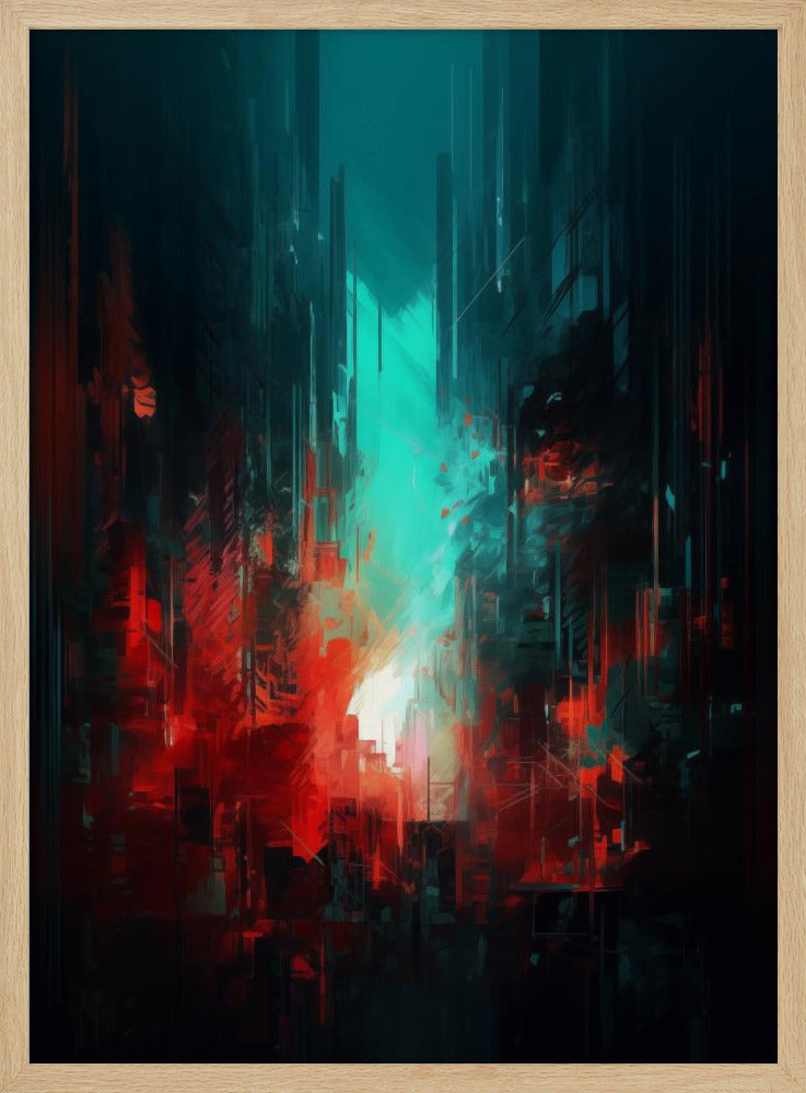 An abstract digital painting of a futuristic city. Tall, dark vertical shapes resembling skyscrapers are contrasted by a glowing teal light in the center and vibrant, chaotic red brushstrokes in the foreground, creating a moody and dramatic urban scene. Print