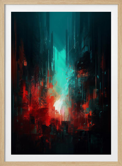 An abstract digital painting of a futuristic city. Tall, dark vertical shapes resembling skyscrapers are contrasted by a glowing teal light in the center and vibrant, chaotic red brushstrokes in the foreground, creating a moody and dramatic urban scene. Print