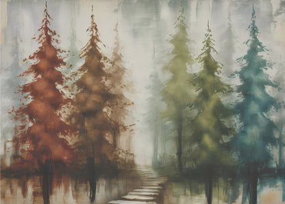 An abstract painting of a forest with a row of pine trees in a silver frame. The trees are painted in a gradient of colors from rust red and brown on the left to olive green and teal blue on the right, all set against a misty, gray background. A stone path leads into the foggy distance, and the trees are reflected in the water below. Poster