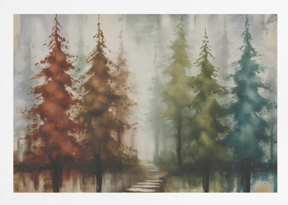 An abstract painting of a forest with a row of pine trees in a silver frame. The trees are painted in a gradient of colors from rust red and brown on the left to olive green and teal blue on the right, all set against a misty, gray background. A stone path leads into the foggy distance, and the trees are reflected in the water below. Poster