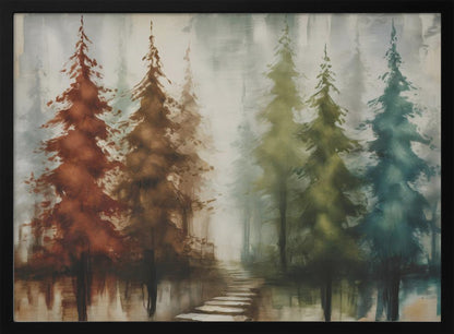 An abstract painting of a forest with a row of pine trees in a silver frame. The trees are painted in a gradient of colors from rust red and brown on the left to olive green and teal blue on the right, all set against a misty, gray background. A stone path leads into the foggy distance, and the trees are reflected in the water below. Poster