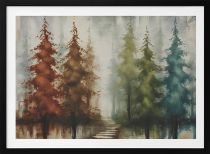 An abstract painting of a forest with a row of pine trees in a silver frame. The trees are painted in a gradient of colors from rust red and brown on the left to olive green and teal blue on the right, all set against a misty, gray background. A stone path leads into the foggy distance, and the trees are reflected in the water below. Poster