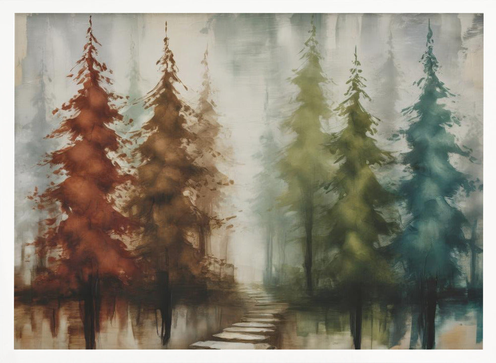 An abstract painting of a forest with a row of pine trees in a silver frame. The trees are painted in a gradient of colors from rust red and brown on the left to olive green and teal blue on the right, all set against a misty, gray background. A stone path leads into the foggy distance, and the trees are reflected in the water below. Poster