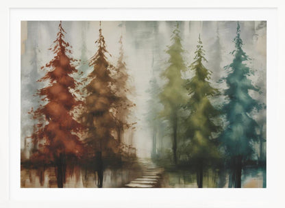 An abstract painting of a forest with a row of pine trees in a silver frame. The trees are painted in a gradient of colors from rust red and brown on the left to olive green and teal blue on the right, all set against a misty, gray background. A stone path leads into the foggy distance, and the trees are reflected in the water below. Poster