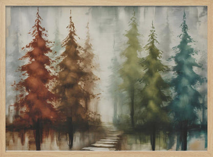 An abstract painting of a forest with a row of pine trees in a silver frame. The trees are painted in a gradient of colors from rust red and brown on the left to olive green and teal blue on the right, all set against a misty, gray background. A stone path leads into the foggy distance, and the trees are reflected in the water below. Poster