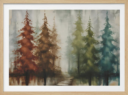 An abstract painting of a forest with a row of pine trees in a silver frame. The trees are painted in a gradient of colors from rust red and brown on the left to olive green and teal blue on the right, all set against a misty, gray background. A stone path leads into the foggy distance, and the trees are reflected in the water below. Poster