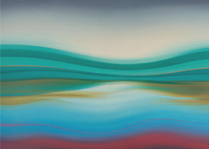 A framed abstract landscape painting featuring horizontal, flowing bands of color. The composition suggests a serene coastal scene with a light blue and cream sky over undulating waves of teal and green. The middle section shows reflections in shades of gold and aqua, while the bottom transitions from blue with thin red lines to a solid deep red-brown base. The entire piece is housed in a simple silver frame. Poster