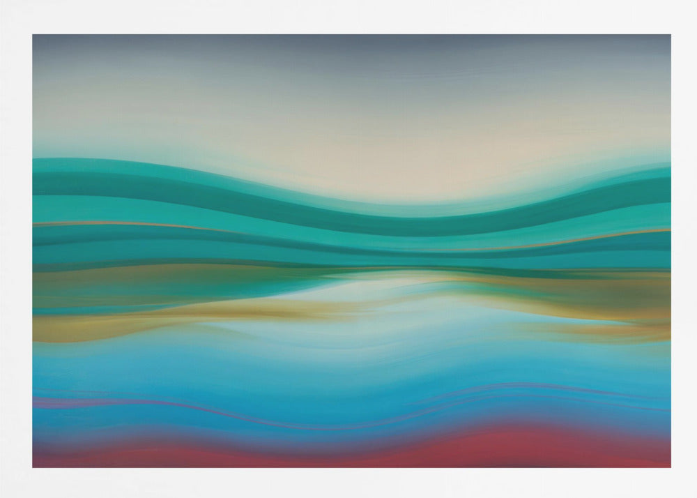 A framed abstract landscape painting featuring horizontal, flowing bands of color. The composition suggests a serene coastal scene with a light blue and cream sky over undulating waves of teal and green. The middle section shows reflections in shades of gold and aqua, while the bottom transitions from blue with thin red lines to a solid deep red-brown base. The entire piece is housed in a simple silver frame. Poster