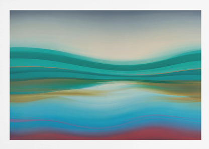 A framed abstract landscape painting featuring horizontal, flowing bands of color. The composition suggests a serene coastal scene with a light blue and cream sky over undulating waves of teal and green. The middle section shows reflections in shades of gold and aqua, while the bottom transitions from blue with thin red lines to a solid deep red-brown base. The entire piece is housed in a simple silver frame. Poster