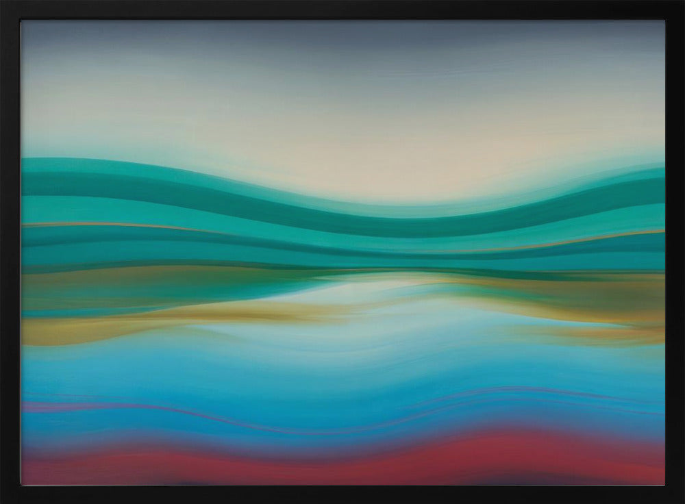 A framed abstract landscape painting featuring horizontal, flowing bands of color. The composition suggests a serene coastal scene with a light blue and cream sky over undulating waves of teal and green. The middle section shows reflections in shades of gold and aqua, while the bottom transitions from blue with thin red lines to a solid deep red-brown base. The entire piece is housed in a simple silver frame. Poster