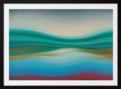 A framed abstract landscape painting featuring horizontal, flowing bands of color. The composition suggests a serene coastal scene with a light blue and cream sky over undulating waves of teal and green. The middle section shows reflections in shades of gold and aqua, while the bottom transitions from blue with thin red lines to a solid deep red-brown base. The entire piece is housed in a simple silver frame. Poster