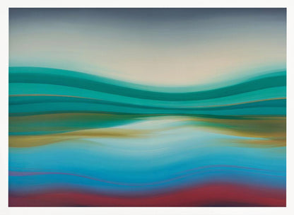 A framed abstract landscape painting featuring horizontal, flowing bands of color. The composition suggests a serene coastal scene with a light blue and cream sky over undulating waves of teal and green. The middle section shows reflections in shades of gold and aqua, while the bottom transitions from blue with thin red lines to a solid deep red-brown base. The entire piece is housed in a simple silver frame. Poster