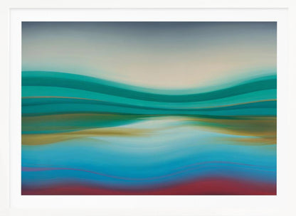 A framed abstract landscape painting featuring horizontal, flowing bands of color. The composition suggests a serene coastal scene with a light blue and cream sky over undulating waves of teal and green. The middle section shows reflections in shades of gold and aqua, while the bottom transitions from blue with thin red lines to a solid deep red-brown base. The entire piece is housed in a simple silver frame. Poster