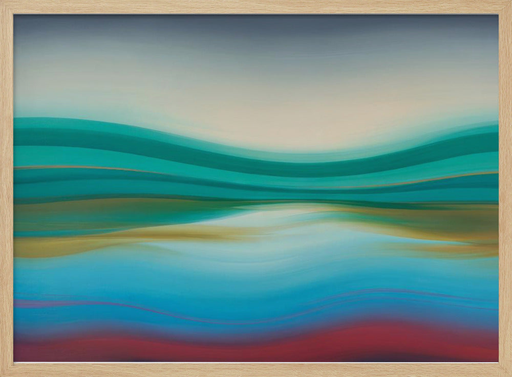 A framed abstract landscape painting featuring horizontal, flowing bands of color. The composition suggests a serene coastal scene with a light blue and cream sky over undulating waves of teal and green. The middle section shows reflections in shades of gold and aqua, while the bottom transitions from blue with thin red lines to a solid deep red-brown base. The entire piece is housed in a simple silver frame. Poster