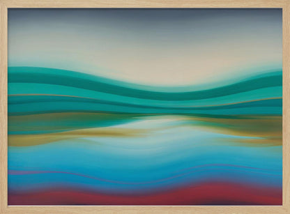 A framed abstract landscape painting featuring horizontal, flowing bands of color. The composition suggests a serene coastal scene with a light blue and cream sky over undulating waves of teal and green. The middle section shows reflections in shades of gold and aqua, while the bottom transitions from blue with thin red lines to a solid deep red-brown base. The entire piece is housed in a simple silver frame. Poster