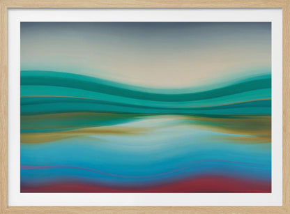 A framed abstract landscape painting featuring horizontal, flowing bands of color. The composition suggests a serene coastal scene with a light blue and cream sky over undulating waves of teal and green. The middle section shows reflections in shades of gold and aqua, while the bottom transitions from blue with thin red lines to a solid deep red-brown base. The entire piece is housed in a simple silver frame. Poster