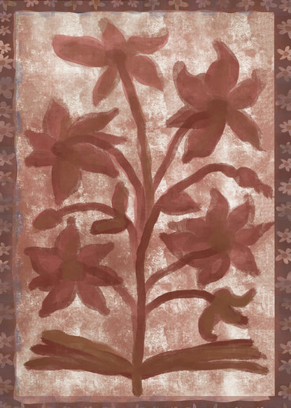 A vintage-style painting of a stylized, red-brown flowering plant with multiple blossoms on a textured beige background. The central image is surrounded by a dark brown border decorated with a repeating pattern of small flowers. The entire piece has a rustic, hand-painted aesthetic and is displayed in a thin black frame. Wall Art