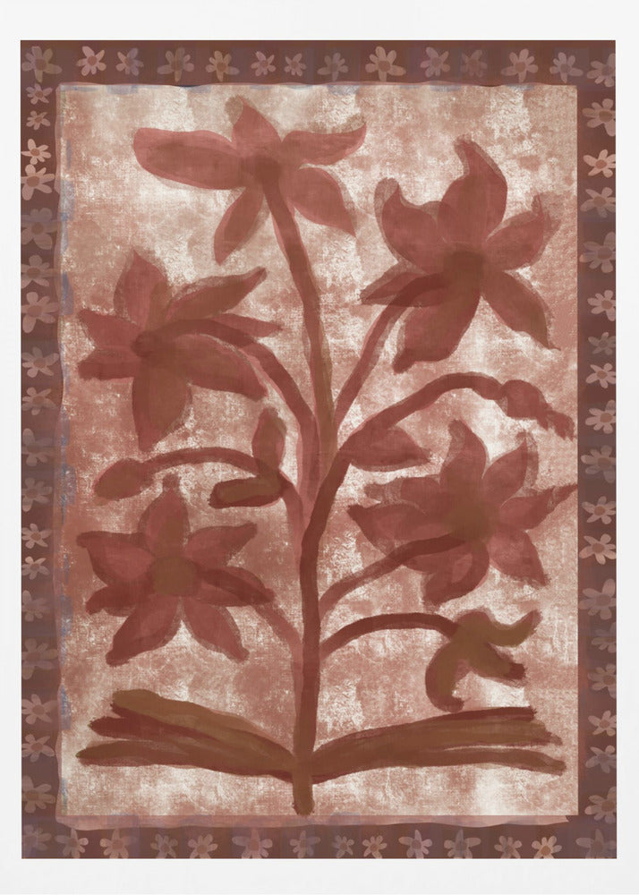 A vintage-style painting of a stylized, red-brown flowering plant with multiple blossoms on a textured beige background. The central image is surrounded by a dark brown border decorated with a repeating pattern of small flowers. The entire piece has a rustic, hand-painted aesthetic and is displayed in a thin black frame. Wall Art